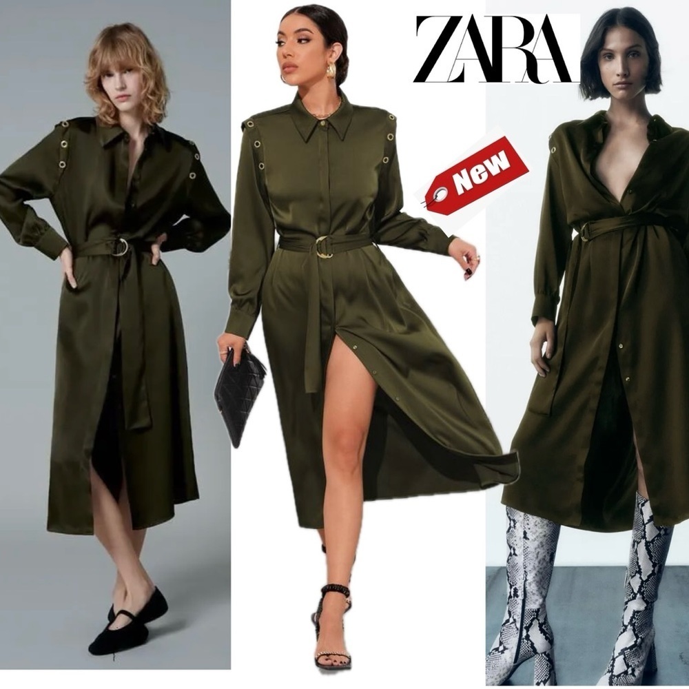 Zara Army green satin effect Grommet Eyelet Split Hem Belted Shirt Dress M NWT